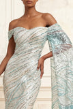 Robe de bal longue de bal bleu sirène scintillante à paillettes décollées avec une cape latérale