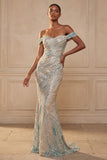 robe de bal longue scintillante à paillettes bleu sirène dénudée