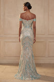 robe de bal longue scintillante à paillettes bleu sirène dénudée
