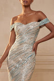 robe de bal longue scintillante à paillettes bleu sirène dénudée