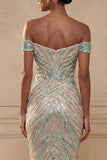 robe de bal longue scintillante à paillettes bleu sirène dénudée
