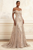 Robe longue de bal de promo scintillante en tulle dénudé, champagne, sirène à l’épaule dénudée et froncée avec paillettes