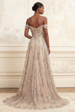 Robe de soirée longue champagne tulle sirène épaule dénudée froncée à paillettes