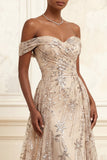 Robe de soirée longue champagne tulle sirène épaule dénudée froncée à paillettes