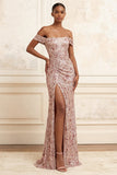 Blush scintillant tombant sur les épaules sirène paillettes robe longue de bal froncée avec fente