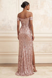 Blush scintillant tombant sur les épaules sirène paillettes robe longue de bal froncée avec fente