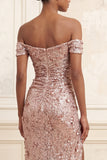 Blush scintillant tombant sur les épaules sirène paillettes robe longue de bal froncée avec fente
