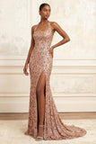 Robe de bal longue à col nu scintillant, fête à joues, sirène à col nu et fête