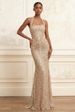 Robe de soirée longue champagne sirène scintillante col nu
