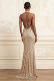 Robe de soirée longue champagne sirène scintillante col nu