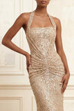 Robe de soirée longue champagne sirène scintillante col nu