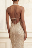 Robe de soirée longue champagne sirène scintillante col nu