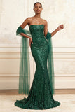 Robe de bal longue robe de bal scintillante en sirène vert foncé sans bretelles