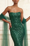 Robe de bal longue robe de bal scintillante en sirène vert foncé sans bretelles