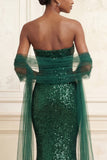 Robe de bal longue robe de bal scintillante en sirène vert foncé sans bretelles