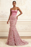 Corset sans bretelles rose sirène, robe de bal basque fronceuse taille longue avec des fleurs 3D