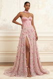 Corset rose A-Line Rose Sweetheart Flowers 3D Longue robe de bal avec fente
