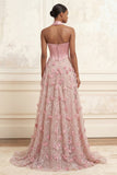 Corset rose A-Line Rose Sweetheart Flowers 3D Longue robe de bal avec fente