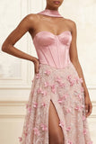 Corset rose A-Line Rose Sweetheart Flowers 3D Longue robe de bal avec fente