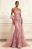 Robe de bal longue de bal avec une cape de promo scintillante rose rose scintillante
