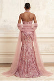 Robe de bal longue de bal avec une cape de promo scintillante rose rose scintillante