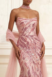 Robe de bal longue de bal avec une cape de promo scintillante rose rose scintillante