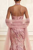 Robe de bal longue de bal avec une cape de promo scintillante rose rose scintillante