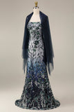 Robe longue de bal en broderie florale ombré à sequins avec châle en tulle