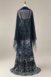 Robe de bal longue robe de bal avec une cape de mermaid scintillante de marine