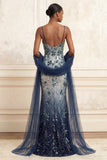 Robe de bal longue robe de bal avec une cape de mermaid scintillante de marine