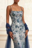 Robe de bal longue robe de bal avec une cape de mermaid scintillante de marine