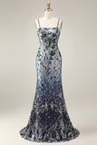 Robe de bal longue robe de bal avec une cape de mermaid scintillante de marine