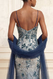 Robe de bal longue robe de bal avec une cape de mermaid scintillante de marine