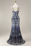 Robe de bal longue robe de bal avec une cape de mermaid scintillante de marine