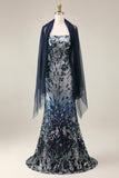 Robe de bal longue robe de bal avec une cape de mermaid scintillante de marine