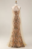 Robe de soirée longue en sirène à paillettes champagne en champagne scintillante