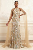 Robe de bal longue à col nu en champagne sirène scintillante à col nu et paillettes