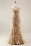 Robe de bal longue à col nu en champagne sirène scintillante à col nu et paillettes