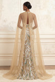 Robe de bal longue à col nu en champagne sirène scintillante à col nu et paillettes