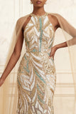 Robe de bal longue à col nu en champagne sirène scintillante à col nu et paillettes