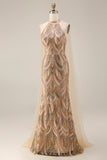 Robe de soirée longue en sirène à paillettes champagne en champagne scintillante