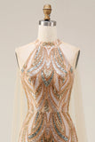 Robe de soirée longue en sirène à paillettes champagne en champagne scintillante