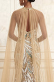 Robe de bal longue à col nu en champagne sirène scintillante à col nu et paillettes