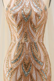 Robe de soirée longue en sirène à paillettes champagne en champagne scintillante