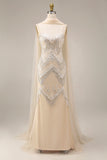 Robe longue de bal scintillante à perles d’abricot avec cape