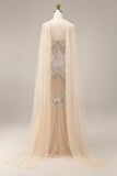 Robe longue de bal scintillante en abricot perlée de sirènes avec cape