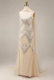 Robe longue de bal scintillante en abricot perlée de sirènes avec cape