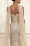 Robe longue de bal scintillante à perles d’abricot avec cape