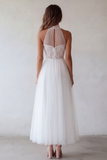 Robe de fiançailles en tulle froncé découpée en dos nus blancs avec dentelle
