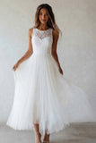 Robe de fiançailles blanche à col rond A Line en tulle en dentelle